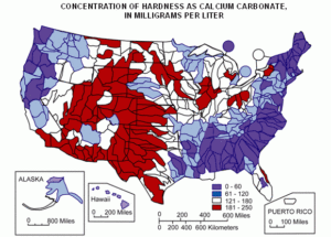a colored map of the United States that shows what regions have hard water and which regions don't.