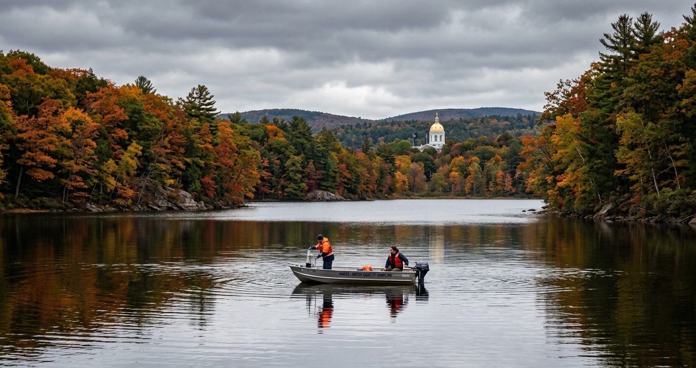 Concord New Hampshire State House with Penacook Lake reservoir area