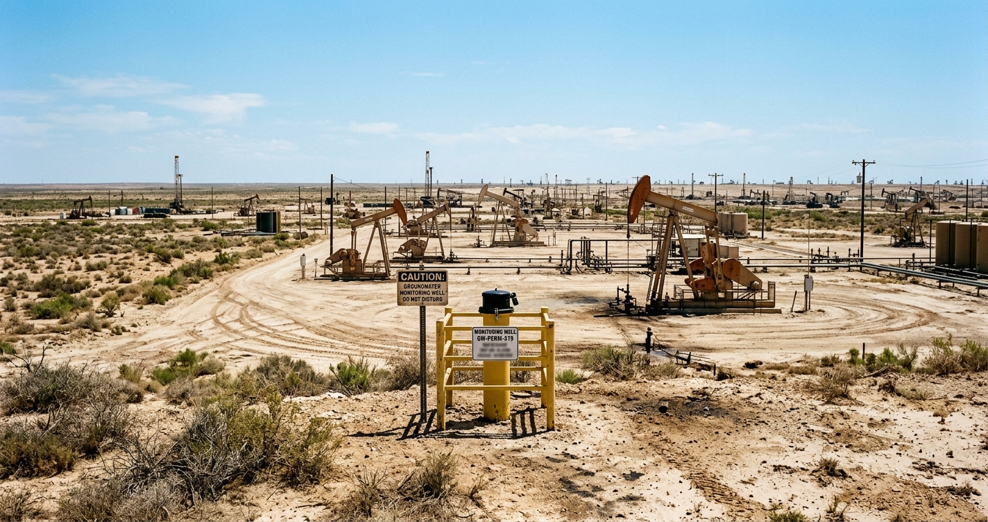 Midland Texas skyline with Permian Basin oil pump jacks and desert landscape