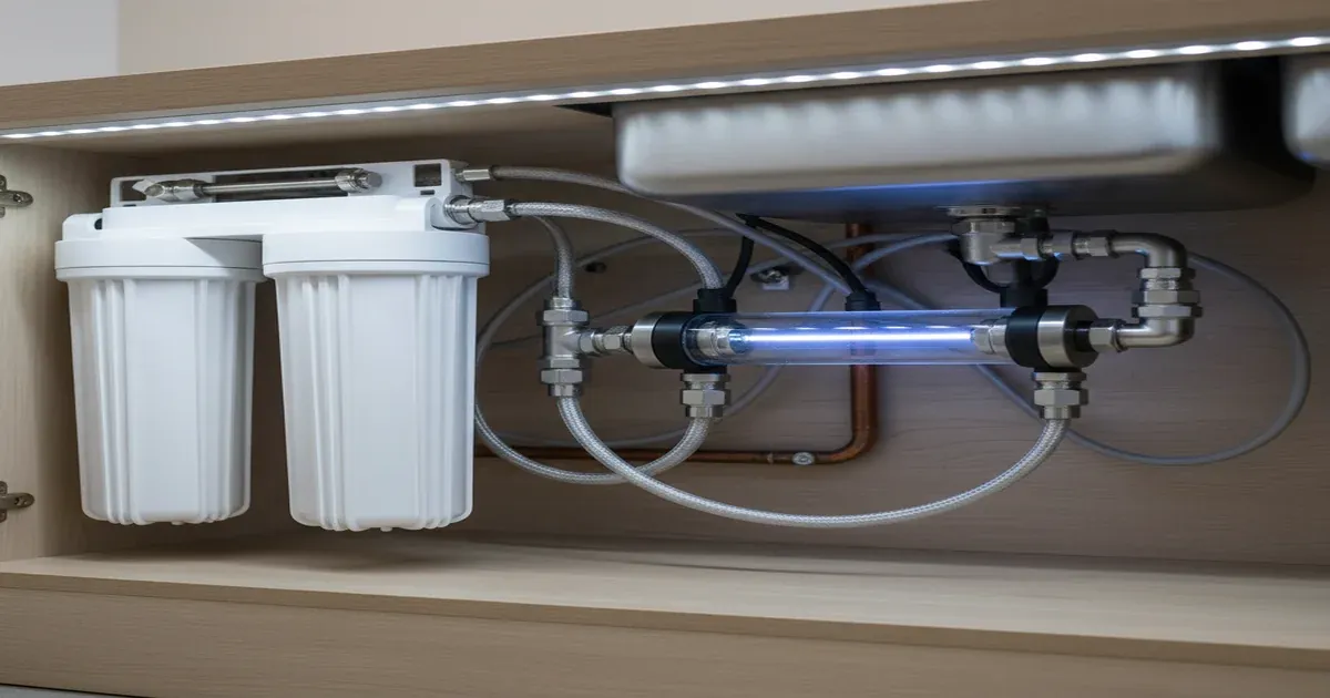 UV water purifier system showing ultraviolet lamp inside quartz sleeve for drinking water disinfection