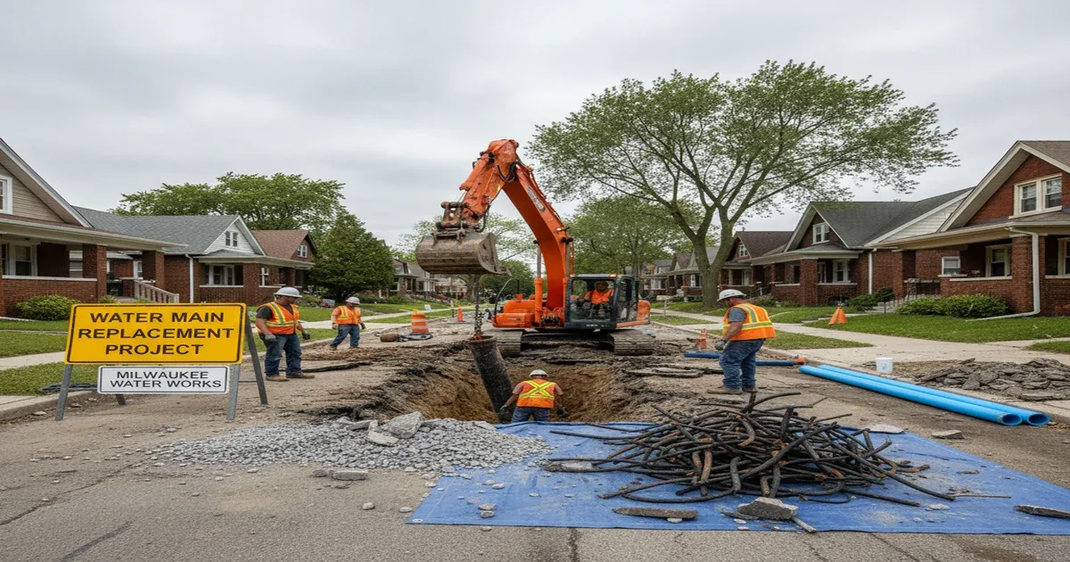 Construction crew replacing lead water service lines in a residential neighborhood