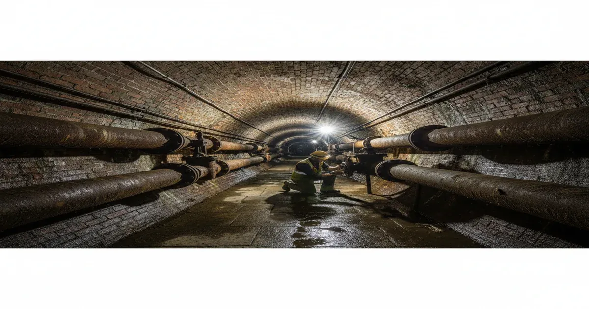 Historic urban water infrastructure with exposed old pipes during street construction