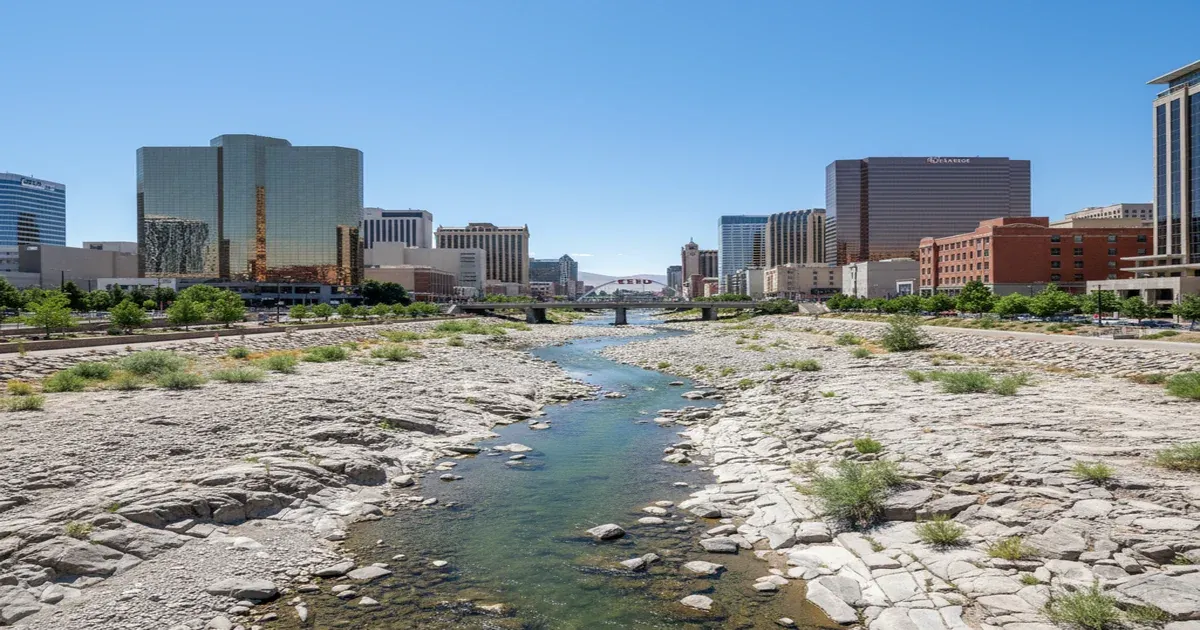 Reno Nevada cityscape with the Truckee River and Sierra Nevada mountains
