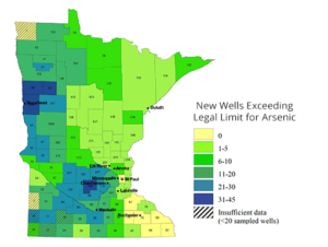 A map of Minnesota that shows the two areas in the state where the highest levels of arsenic are being found.